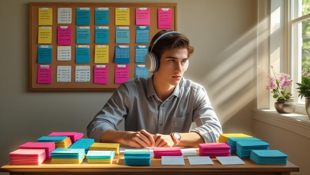 Un étudiant concentré à son bureau, casque sur les oreilles, entouré de fiches et d’un planning coloré